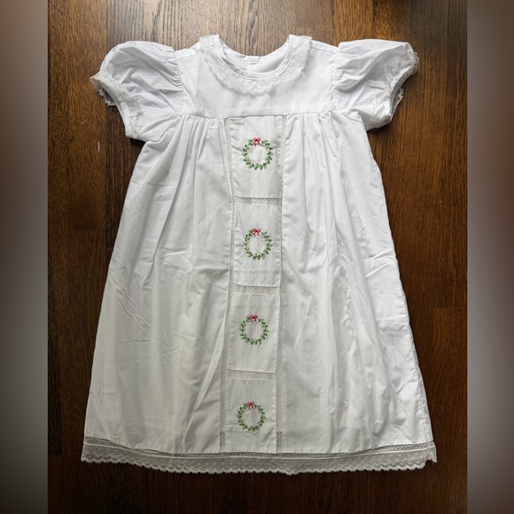 Phoenix & Ren White Heirloom Christmas Dress with Embroidered Wreaths 4